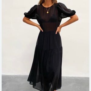 NWT Abigail Dress by Never Fully Dressed- sheer, midi, puff sleeve, tiered